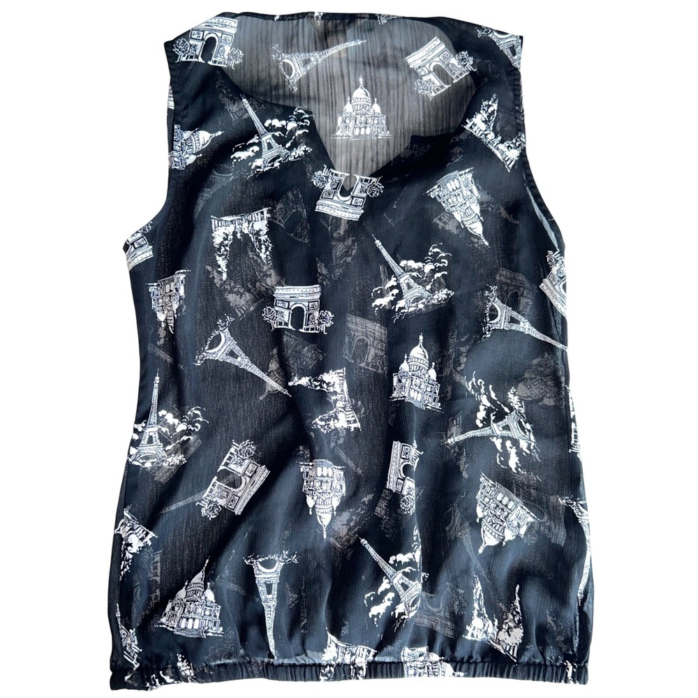 Banana Republic Paris Print Sleeveless Blouse Black White Eiffel Tower Pleated S - Picture 4 of 4